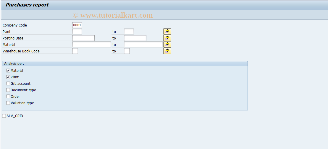 SAP TCode J1GVL_RPU - purchases report