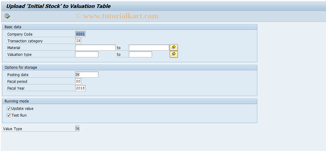 SAP TCode J1GVL_T01 - Upload initial stock