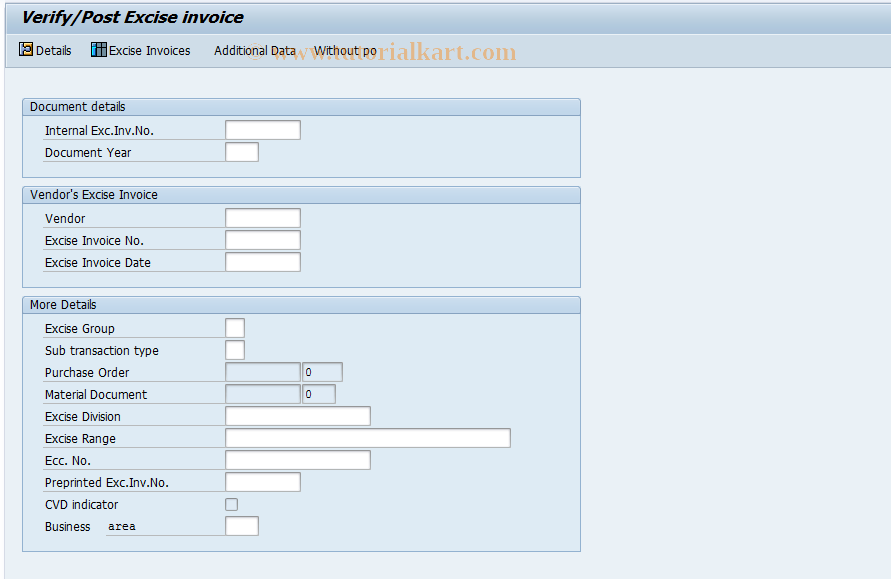 SAP TCode J1IB - Excise Verification And Posting