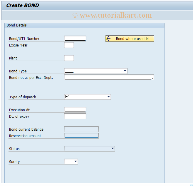 SAP TCode J1IBN01 - Create Excise Bond