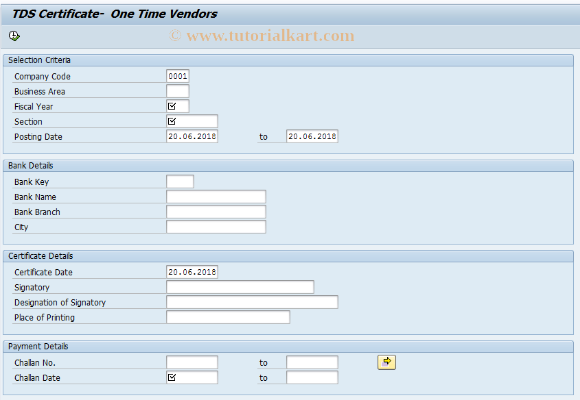 SAP TCode J1ICOTV - Certificate Print-One time vendors