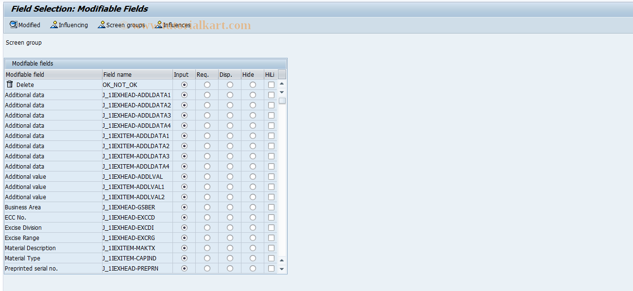 SAP TCode J1IEX_SFAC - Incoming Exc Inv Field Selection