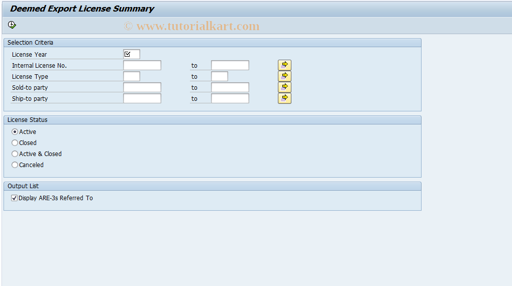 SAP TCode J1ILICSUM - Deemed Export License Summary