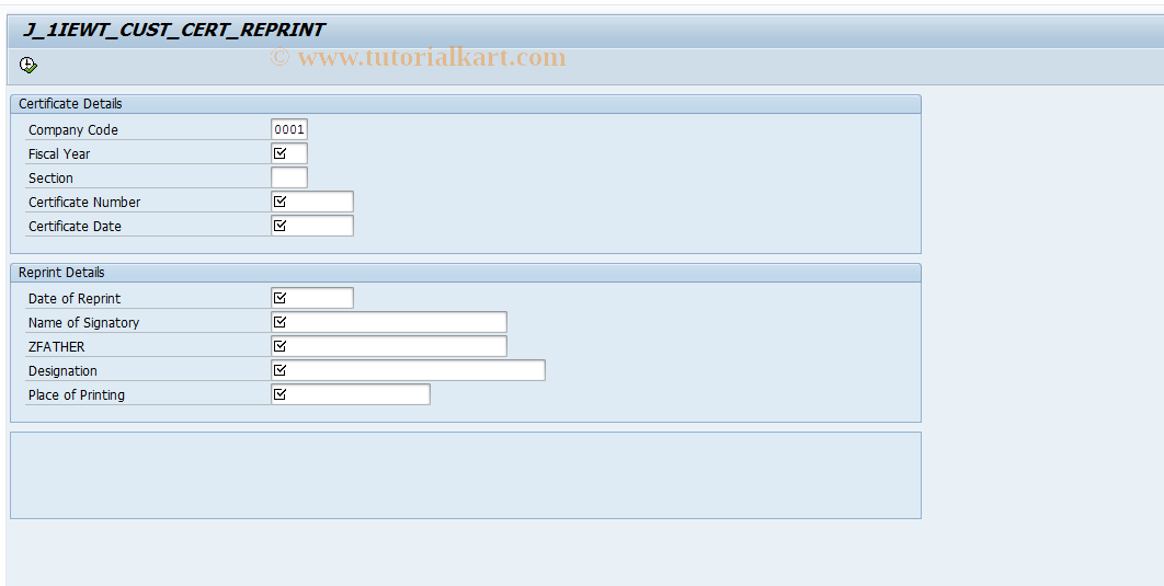 SAP TCode J1INCCREP - Customer Certificate Reprint