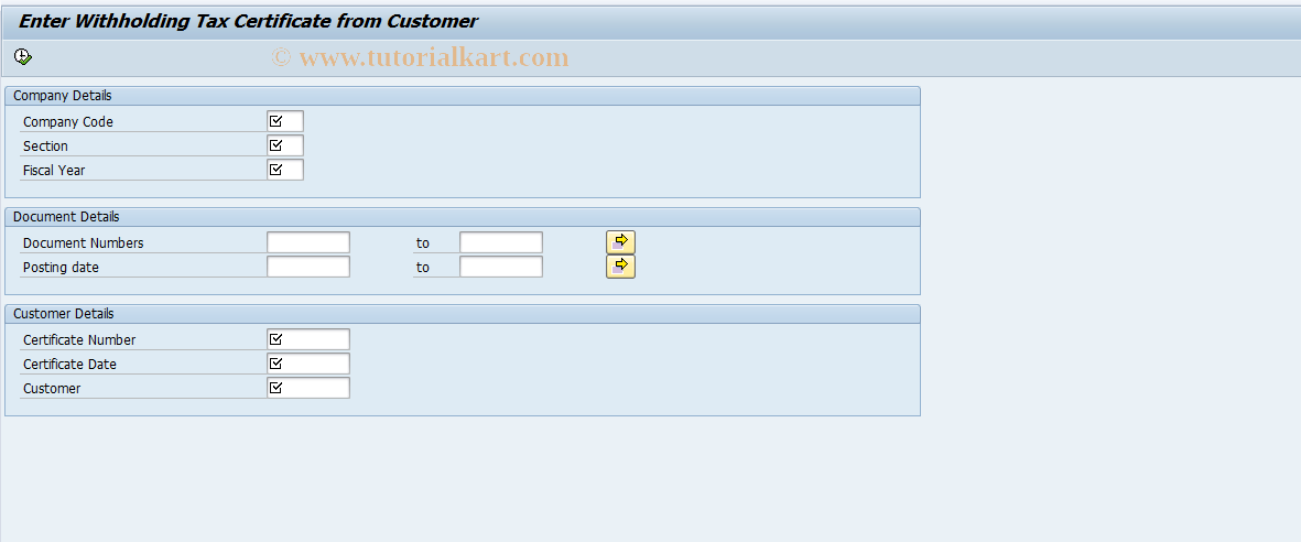 SAP TCode J1INCUST - Enter WH Tax Cert. from Customer