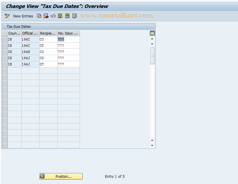 SAP TCode J1INDUE - Customizing for Payment Due Dates