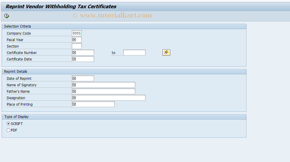 SAP TCode J1INREP - Reprint Vendor WH Tax Certificates