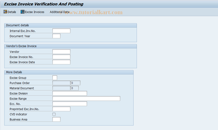 SAP TCode J1IX - Excise Invoice Verification WO PO