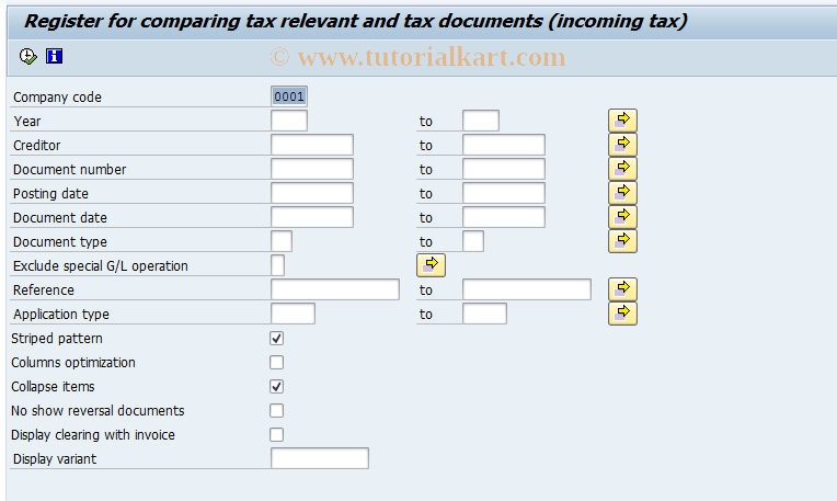 SAP TCode J1UFRON - Check list for incoming tax vouchers