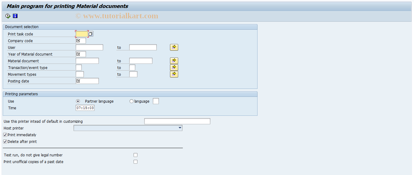 SAP TCode J2GLPPMM - Print MM Documents