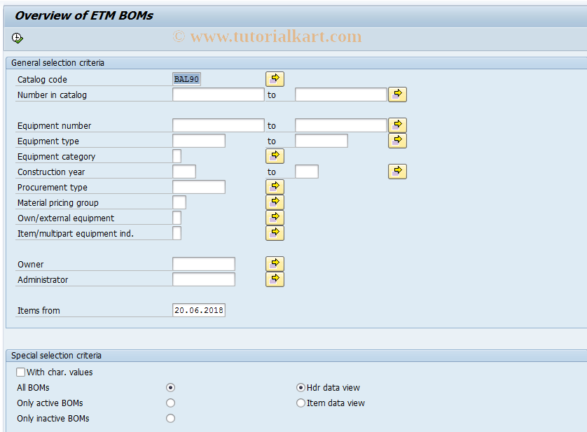 SAP TCode J3GLIAL - Catalogs - List of Characteristics