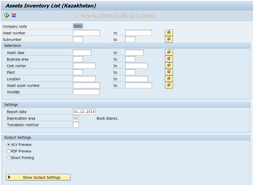 SAP TCode J5KFHLFINV12 - Assets Inventory List (Kazakhstan)