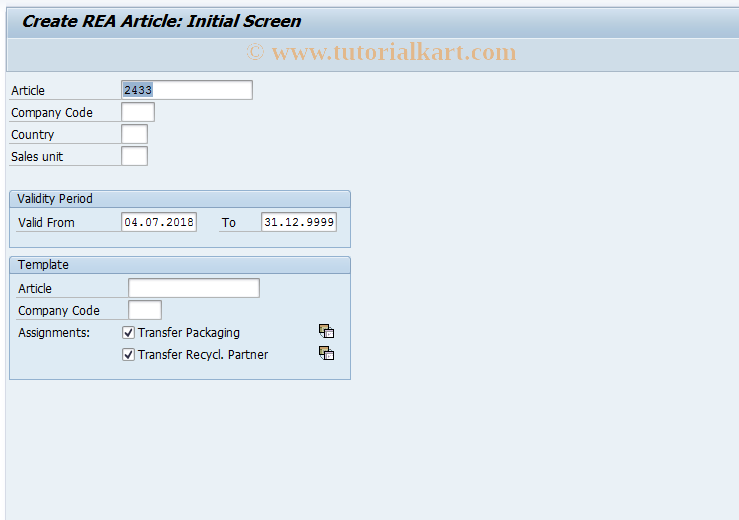 SAP TCode J7L1 - Create REA Article: Initial Screen