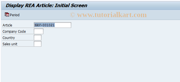 SAP TCode J7L3 - Display REA Article: Initial Screen