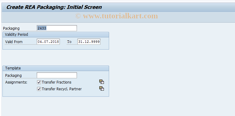 SAP TCode J7L5 - Create REA Packaging: Initial Screen