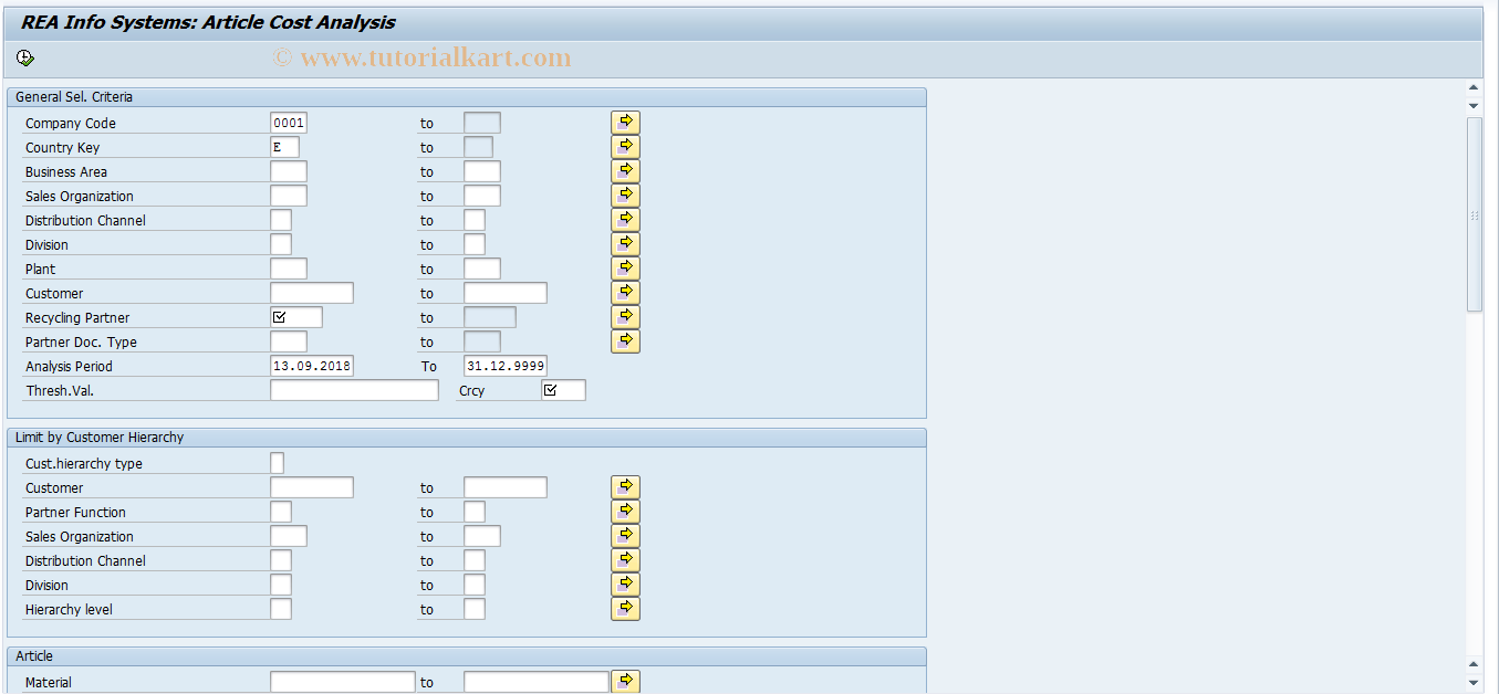 SAP TCode J7L8 - REA Info Cost Analysis: Article