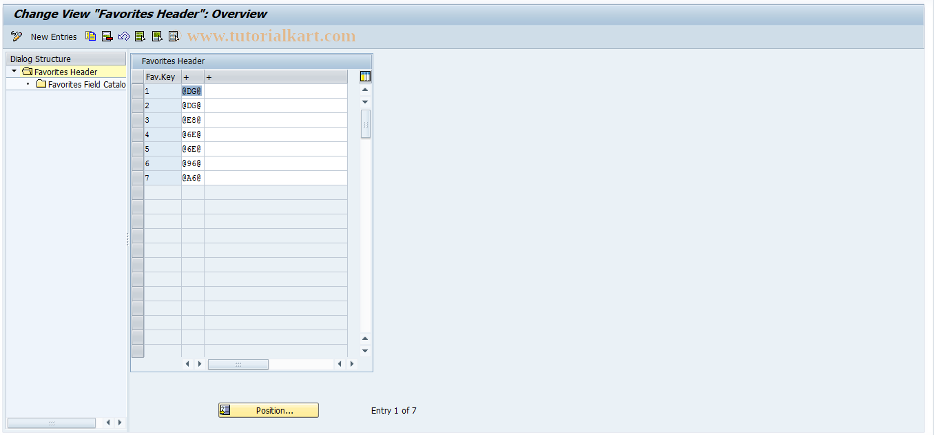 SAP TCode J7LFAVOURITE1 - Favorites Mgmt: Header&Field Catalog