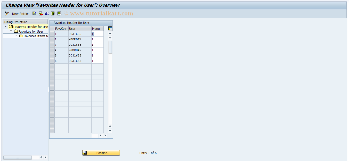 SAP TCode J7LFAVOURITE2 - Favorites Management: Entries