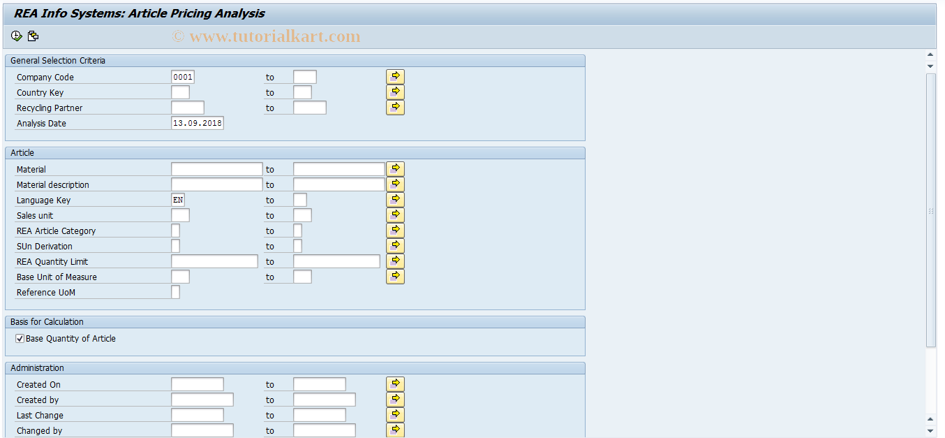 SAP TCode J7LIPAA - REA Info System: ArtclPricing Analys