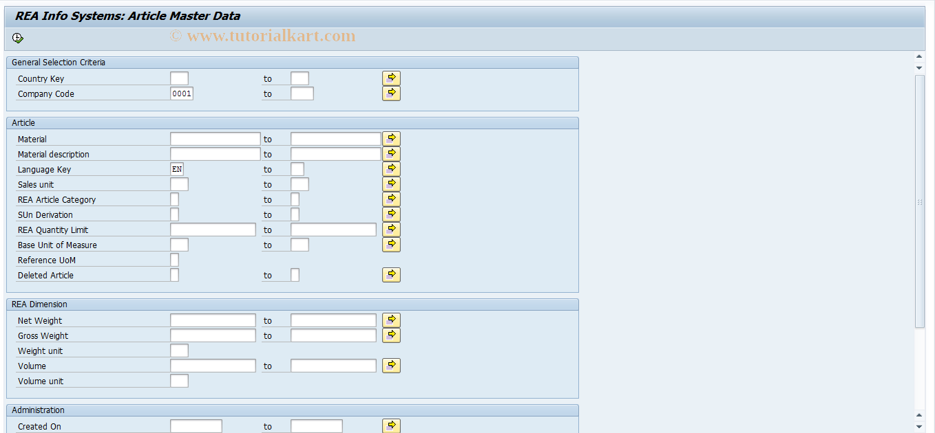 SAP TCode J7LISA - REA Infosystem Article Master Data