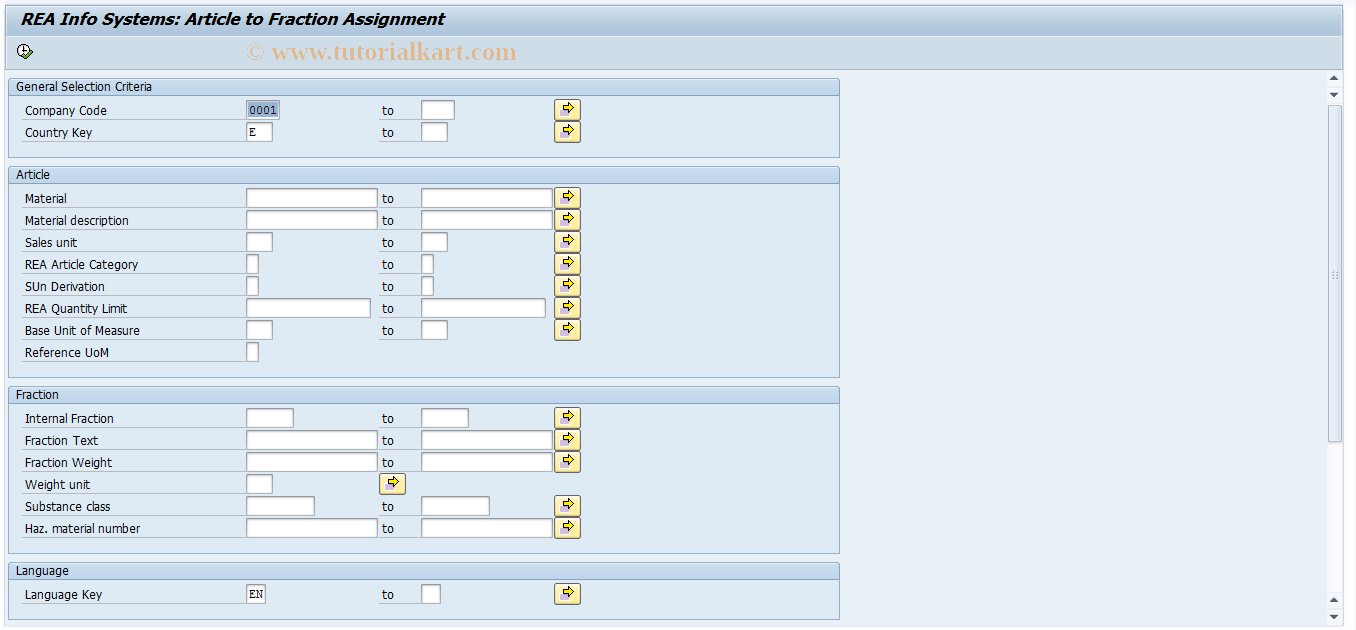 SAP TCode J7LIZAF - REA Infosystem Article-Fraction Asgt