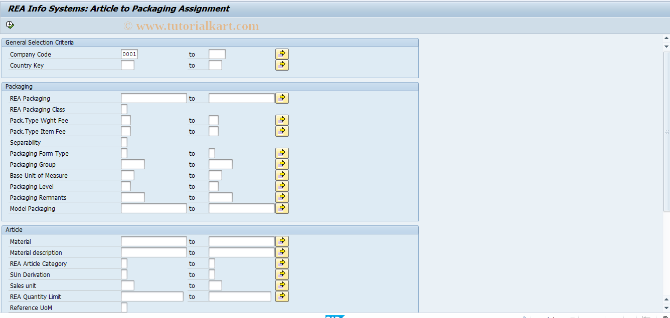 SAP TCode J7LIZAV - REA Infosystem Article-Pack. Assign.