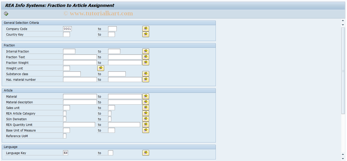 SAP TCode J7LIZFA - REA Infosystem Fraction-Article Asgt