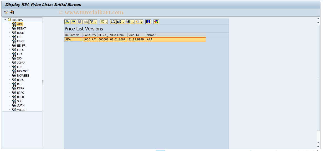 SAP TCode J7LP - REA Display Price Lists: Initialize Screen