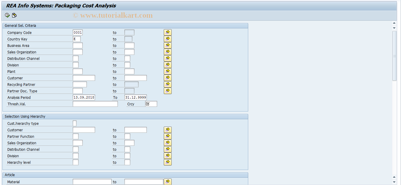 SAP TCode J7LW - REA Inf. Cost Analysis: Packaging