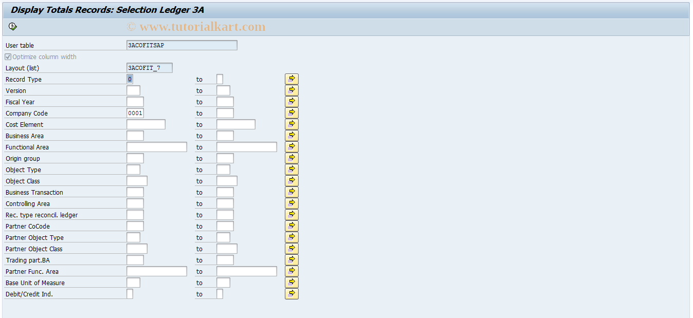 SAP TCode KALE - Reconcil.Ledger: Display Totals Record 