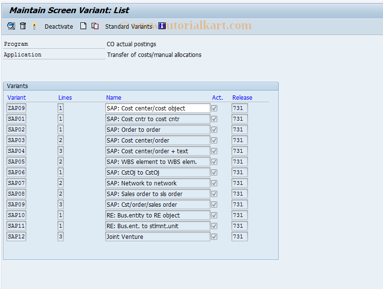 SAP TCode KBC1 - Cost Transfer Layout Variants