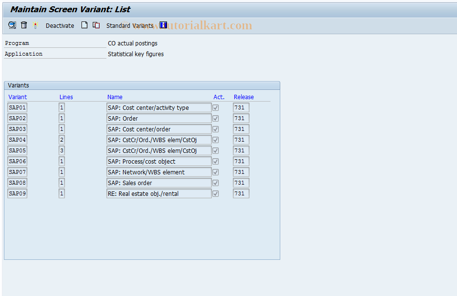 SAP TCode KBC3 - Screen Variants: Statistical Key Figures