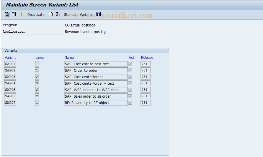 SAP TCode KBC4 - Transfer Revenue Screen Variants