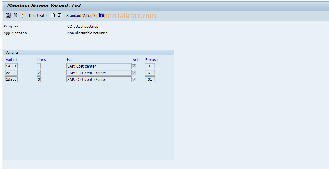SAP TCode KBC5 - Non- allocation Activity Screen Variants