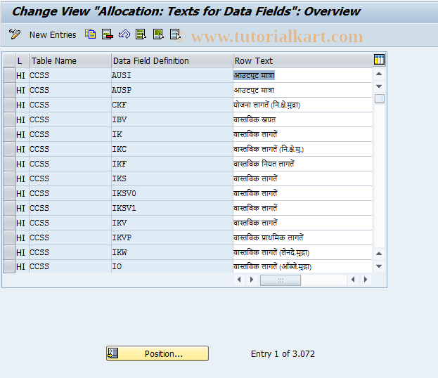 SAP TCode KCMA - CCA Allocation: Field Group Texts