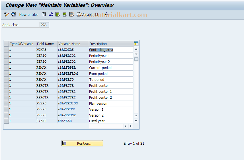 SAP TCode KE8V - EC-PCA: Maintain global variables