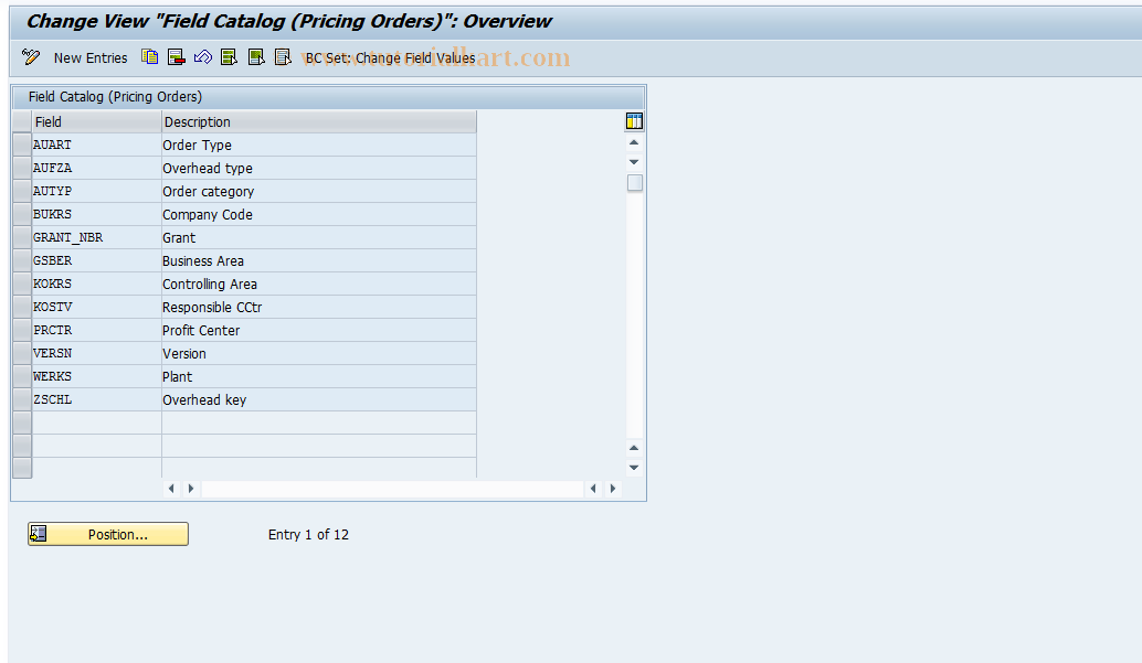 SAP TCode KGT5 - Overhead: Field catalog