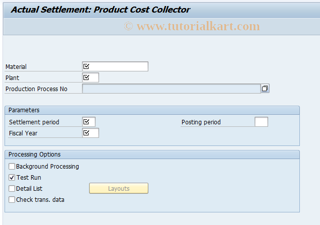 SAP TCode KK87 - Actual settmt: prodn cost collector