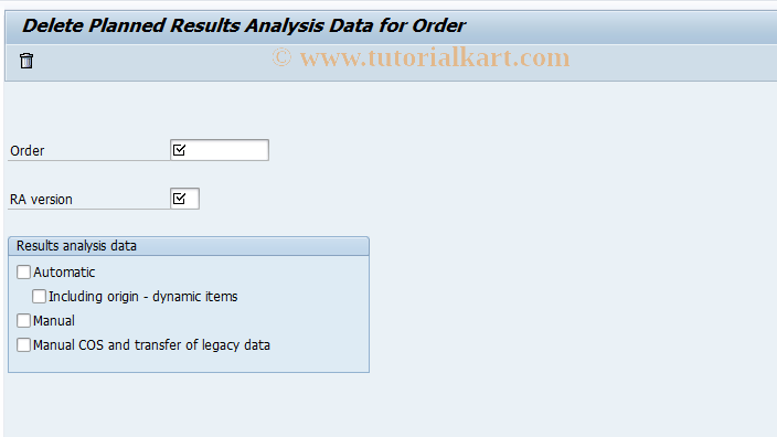 SAP TCode KKA7P - Delete Results Anal. Data for Order