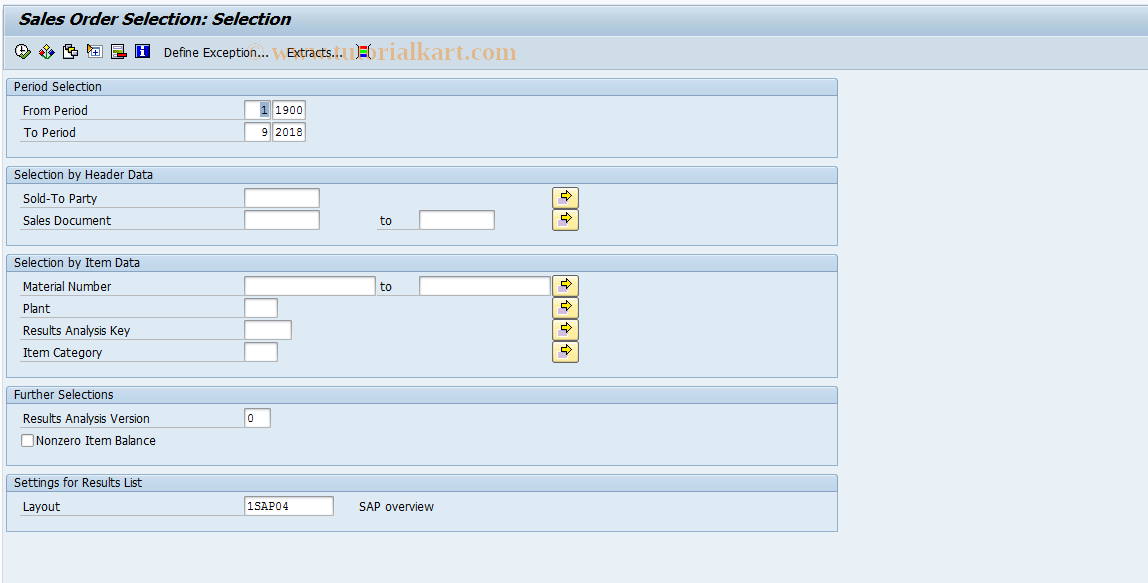 SAP TCode KKAH - Sales Order Selection