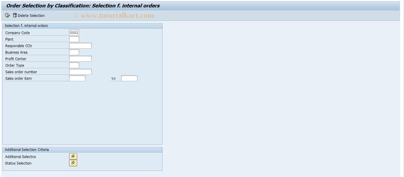 SAP TCode KKBF - Order Selection (Classification)