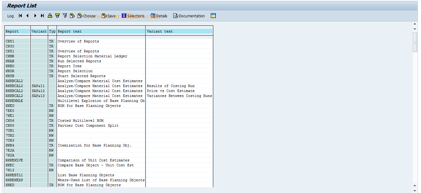 SAP TCode KKB_RLISE - Report List (Single-Level)