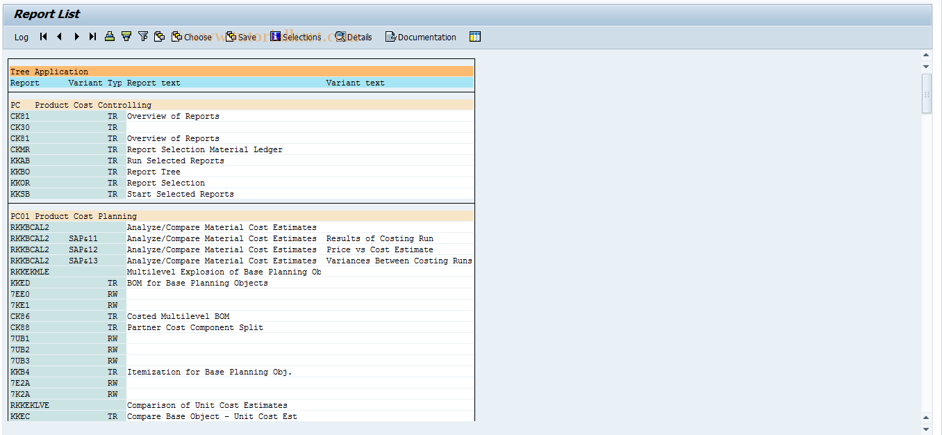 SAP TCode KKB_RLISH - Report List (Hierarchical-Sequent.)