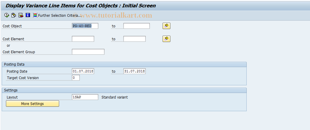 SAP TCode KKCA - Cost Objects: Variance Line Items