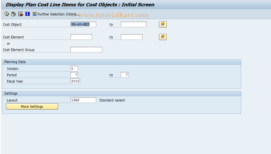 SAP TCode KKCP - Cost Object Line Items - Plan