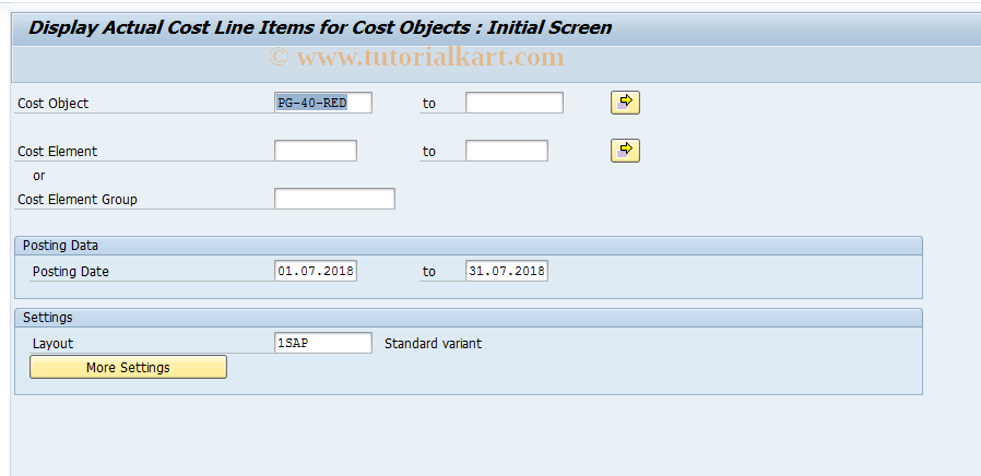 SAP TCode KKCS - Cost Objects: Line Items - Actual