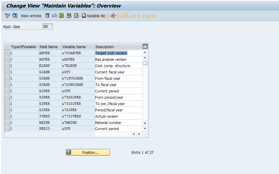 SAP TCode KKOV - Maintain Global Variable
