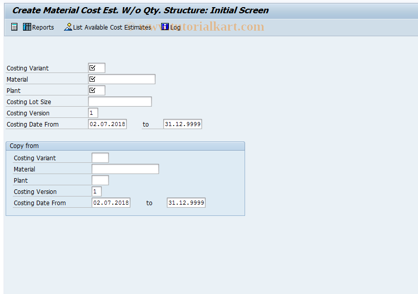 SAP TCode KKPA - Create Cost Est with o Qty Structure