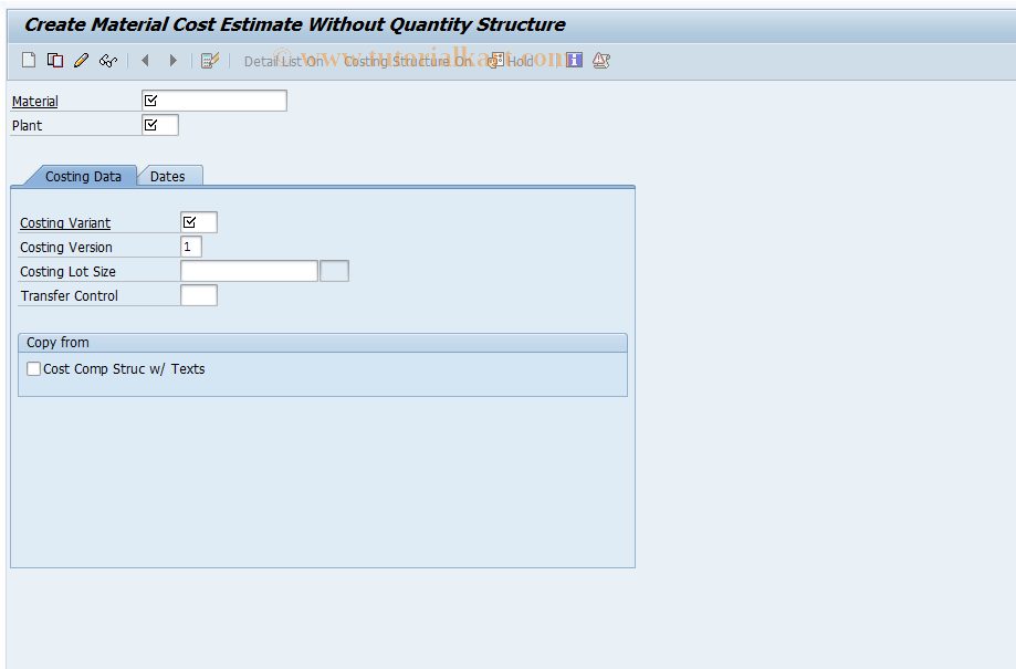 SAP TCode KKPAN - Create Cost Estimate with o Qty Structure