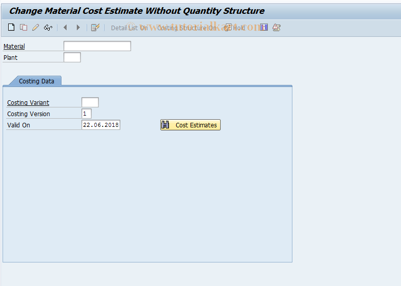 SAP TCode KKPBN - Change Cost Estimate with o Quantity Struct